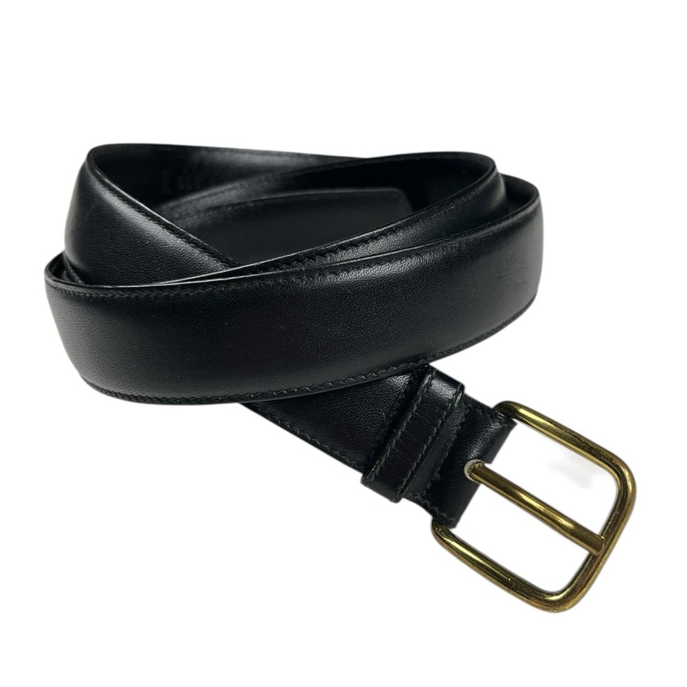 VTG Mens Black Leather Belt with Goldtone Brass Buckle Punch Holes 37" - 41" USA